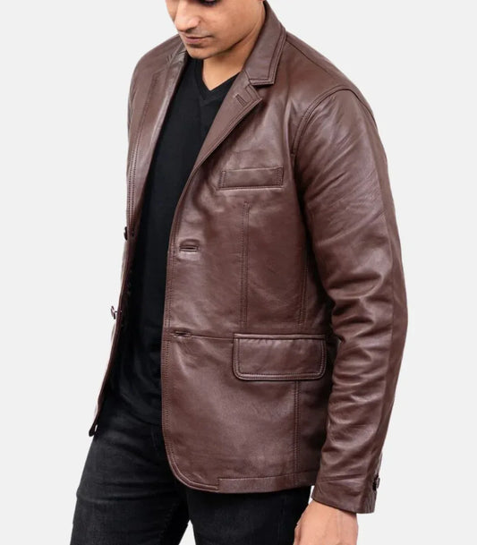 formal leather jacket men brown lapel structured fit