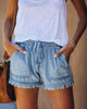 High Rise Light Blue Frayed Denim Shorts with Drawstring