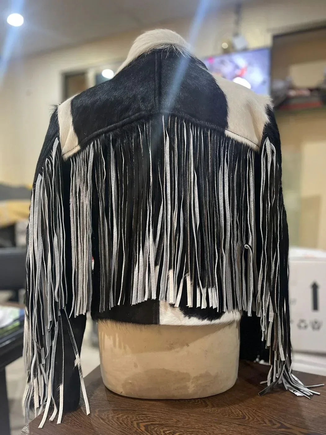 Cowhide Fringe Jacket Womens – Black White Western Style