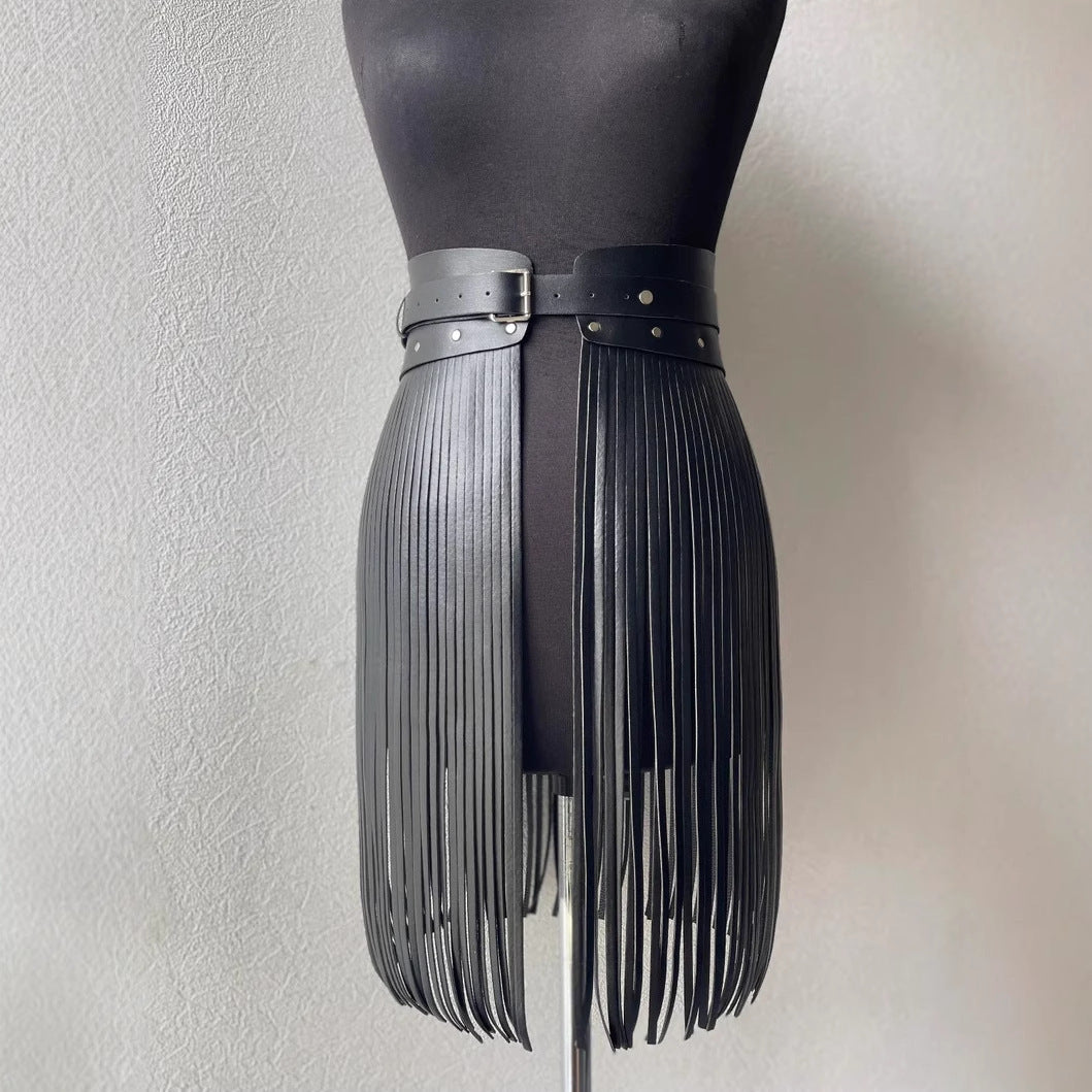 Women red fringe faux leather belt skirt high waist tassel design