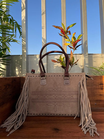 Suede Leather Tote for Women with Fringe Detailing