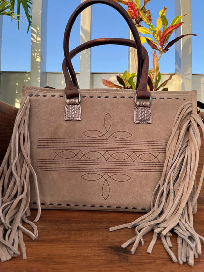 Suede Leather Tote for Women with Fringe Detailing