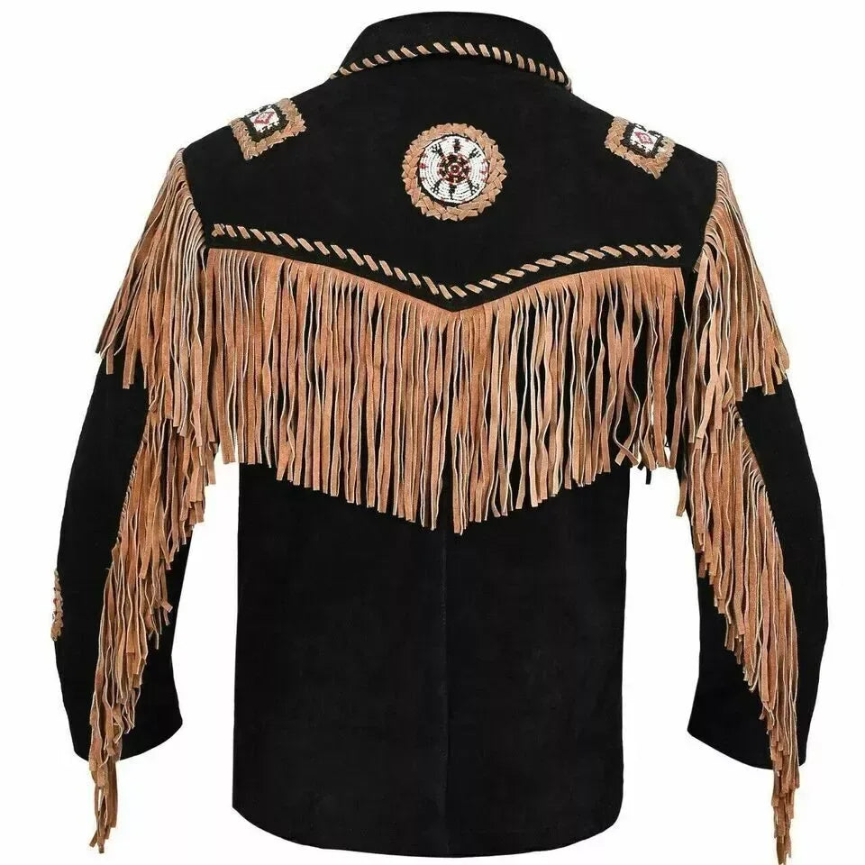 Mens Fringe Suede Jacket Native American Western Style