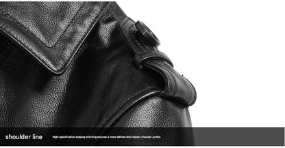 Men long cowhide leather trench coat