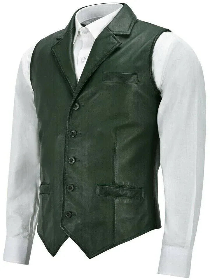 Green Leather Vest Men – Genuine Sheepskin Biker Vest