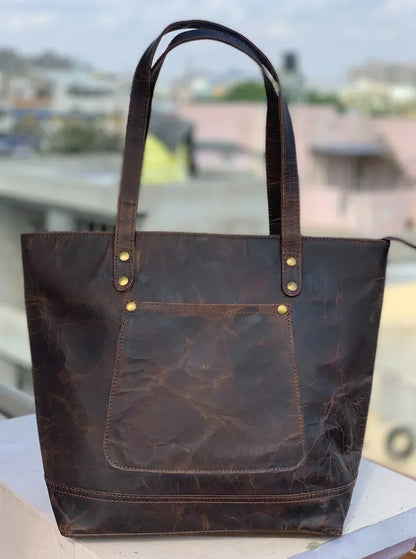 Leather tote shoulder bag for women with pouch set