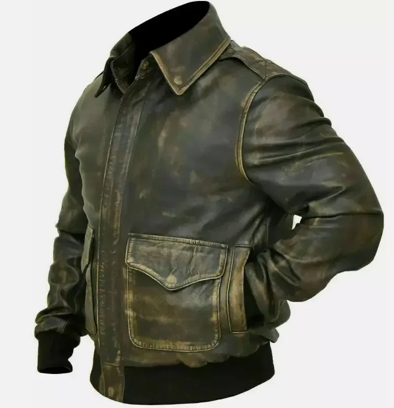 Leather Flight Jacket for Men with Distressed Vintage Bomber Design