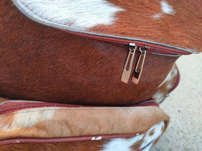 Brown white genuine cowhide backpack