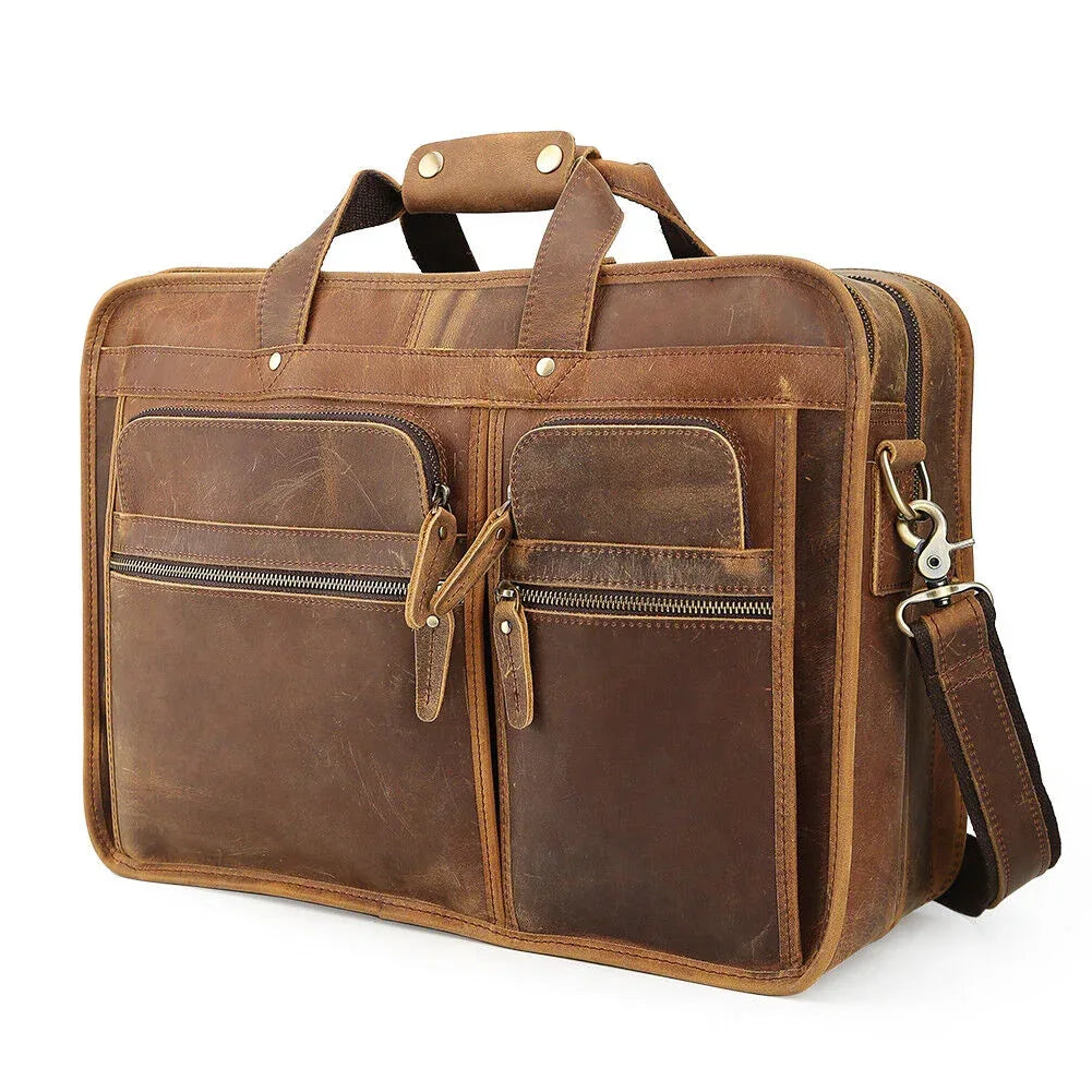 Mens leather briefcase 17 inch laptop bag