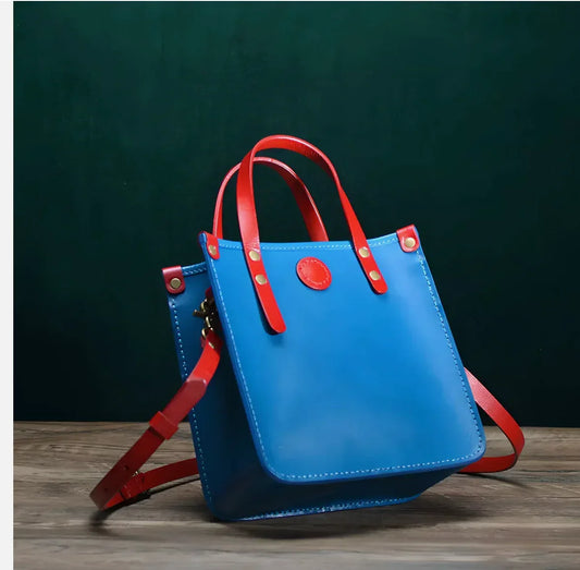 Genuine Leather Crossbody Tote Bag with Three Compartments and Removable Strap