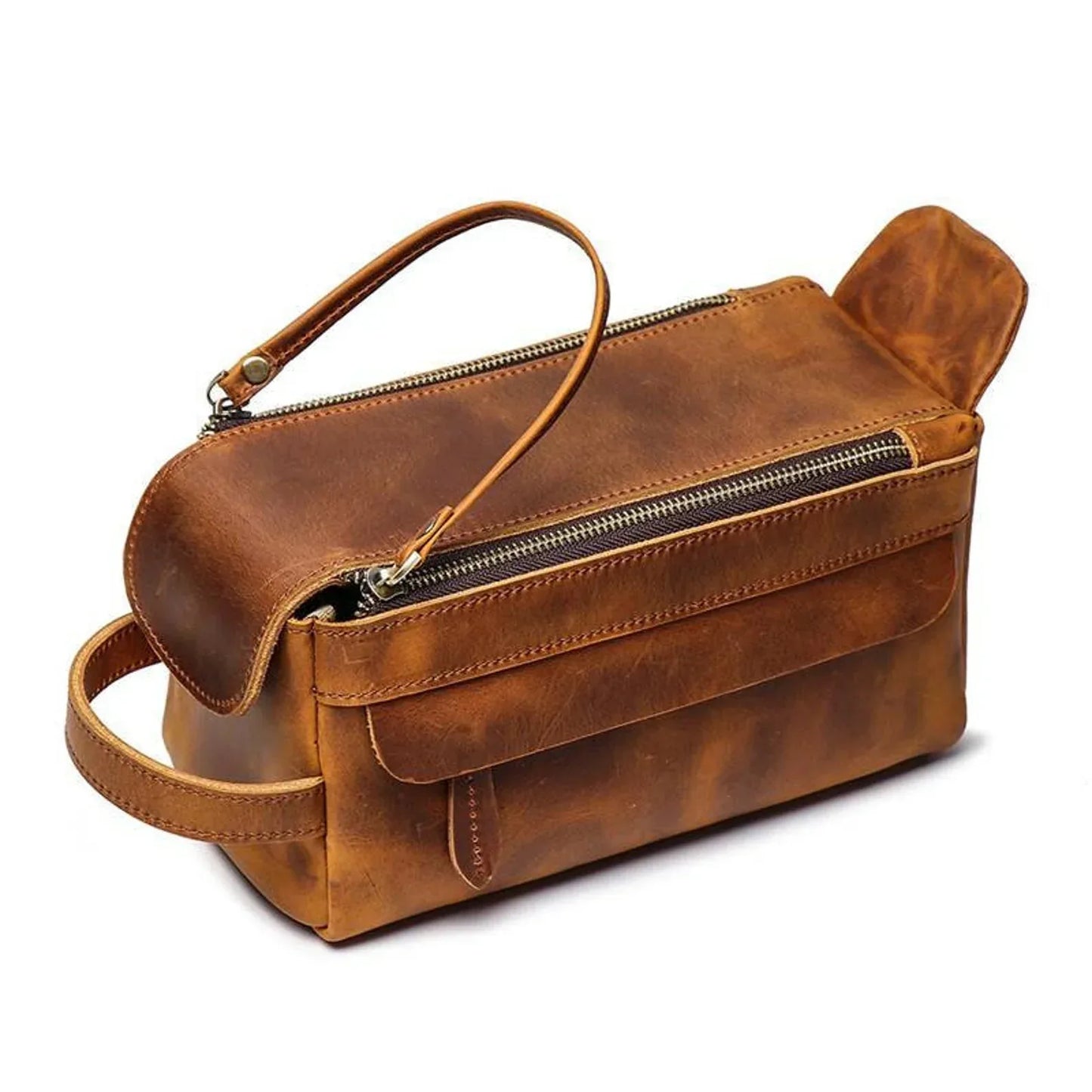 Genuine Leather Dopp Kit for Men Toiletry Bag Travel Organizer Light Brown