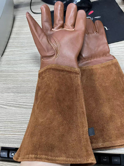 Leather gardening gloves with suede arm cuffs