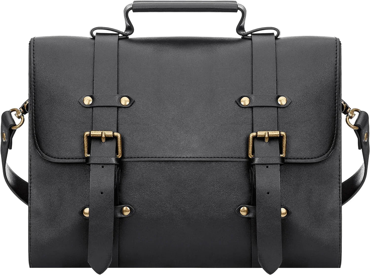 Black leather messenger bag for women