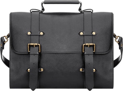 Black leather messenger bag for women