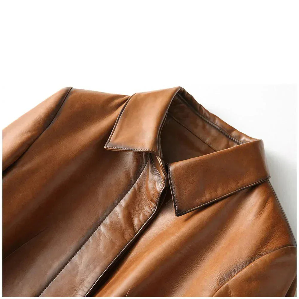 Brown Leather Trench Coat Womens Long Genuine Overcoat