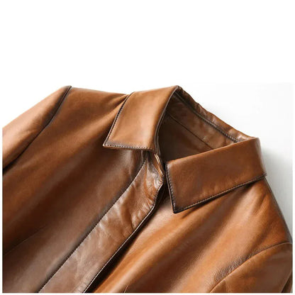 Brown Leather Trench Coat Womens Long Genuine Overcoat