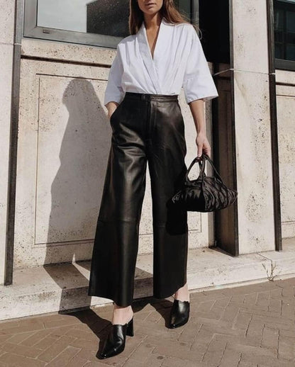 genuine leather pants women trousers high waist flared fit