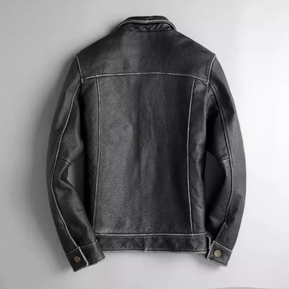 Genuine Leather Black Tucker Jacket Men’s Button Up Leather Shirt
