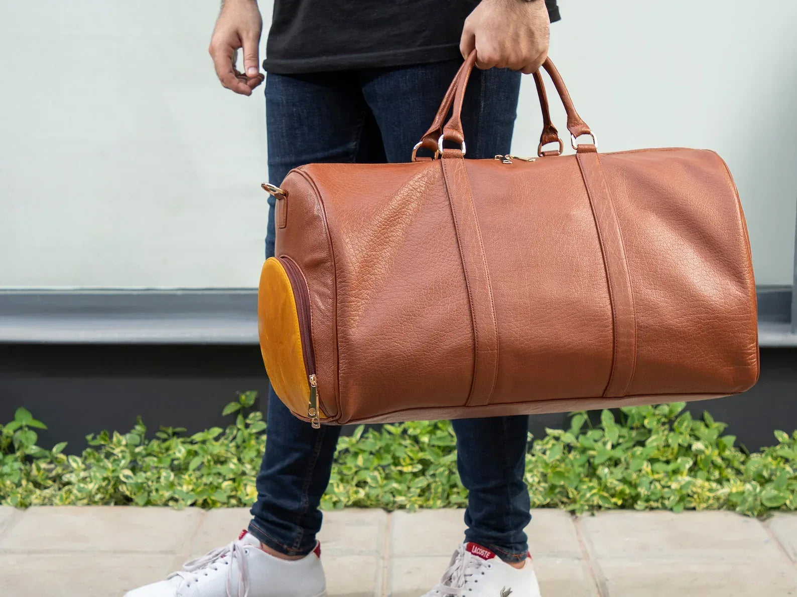 Genuine leather travel bag mens leather duffle overnight carry
