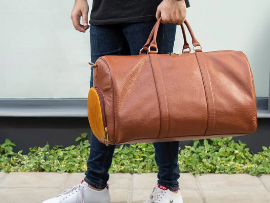 Genuine leather travel bag mens leather duffle overnight carry