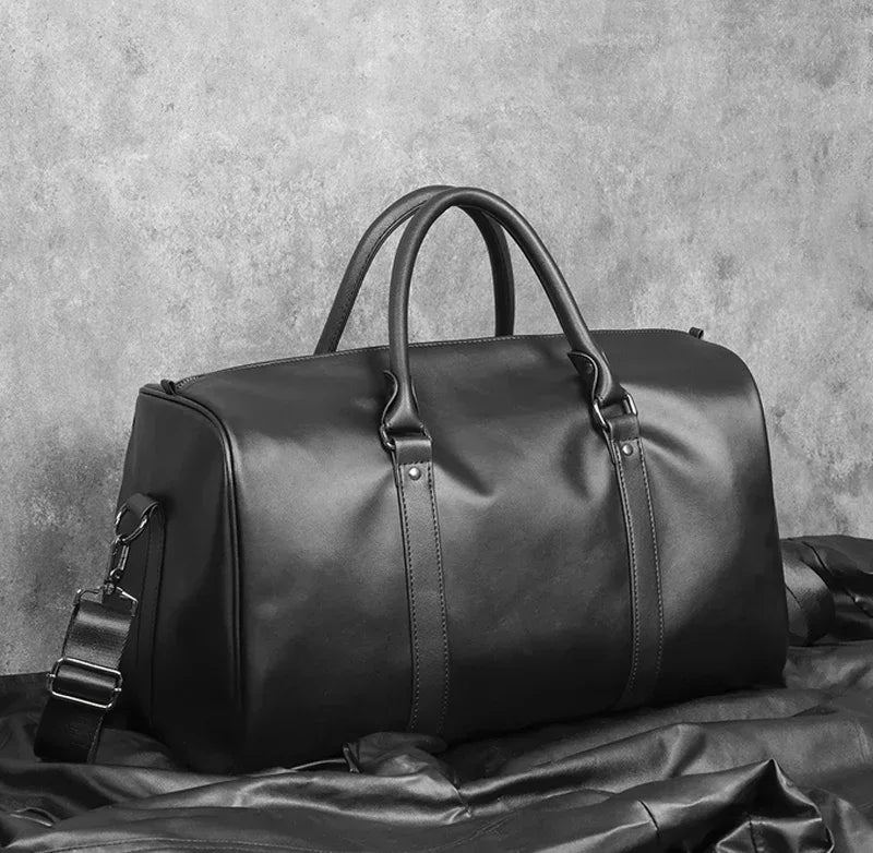 Black Leather Weekender Bag for Men Carry On