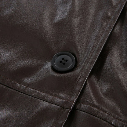 Womens Brown Leather Trench Coat Long Double Breasted