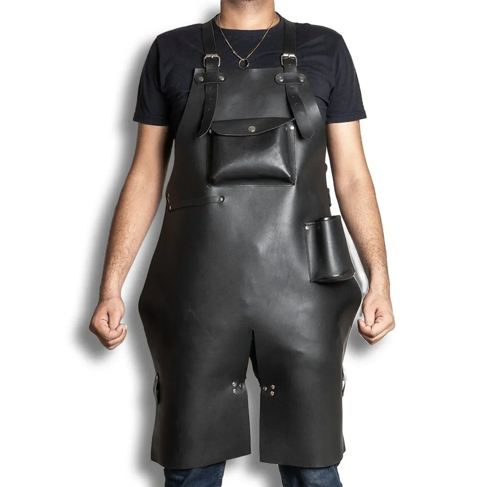 Black Leather Apron with Pockets for Workshop and BBQ