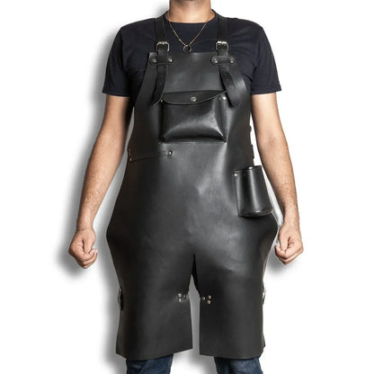 Black Leather Apron with Pockets for Workshop and BBQ