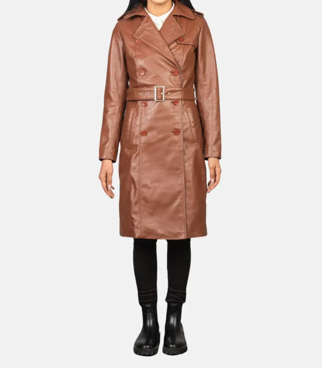 Brown Leather Trench Coat Womens Long Double Breasted Coat