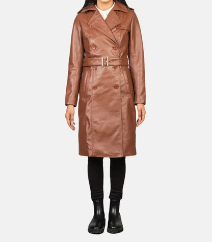 Brown Leather Trench Coat Womens Long Double Breasted Coat