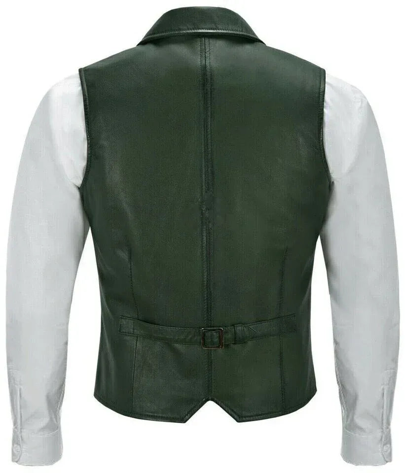 Green Leather Vest Men – Genuine Sheepskin Biker Vest