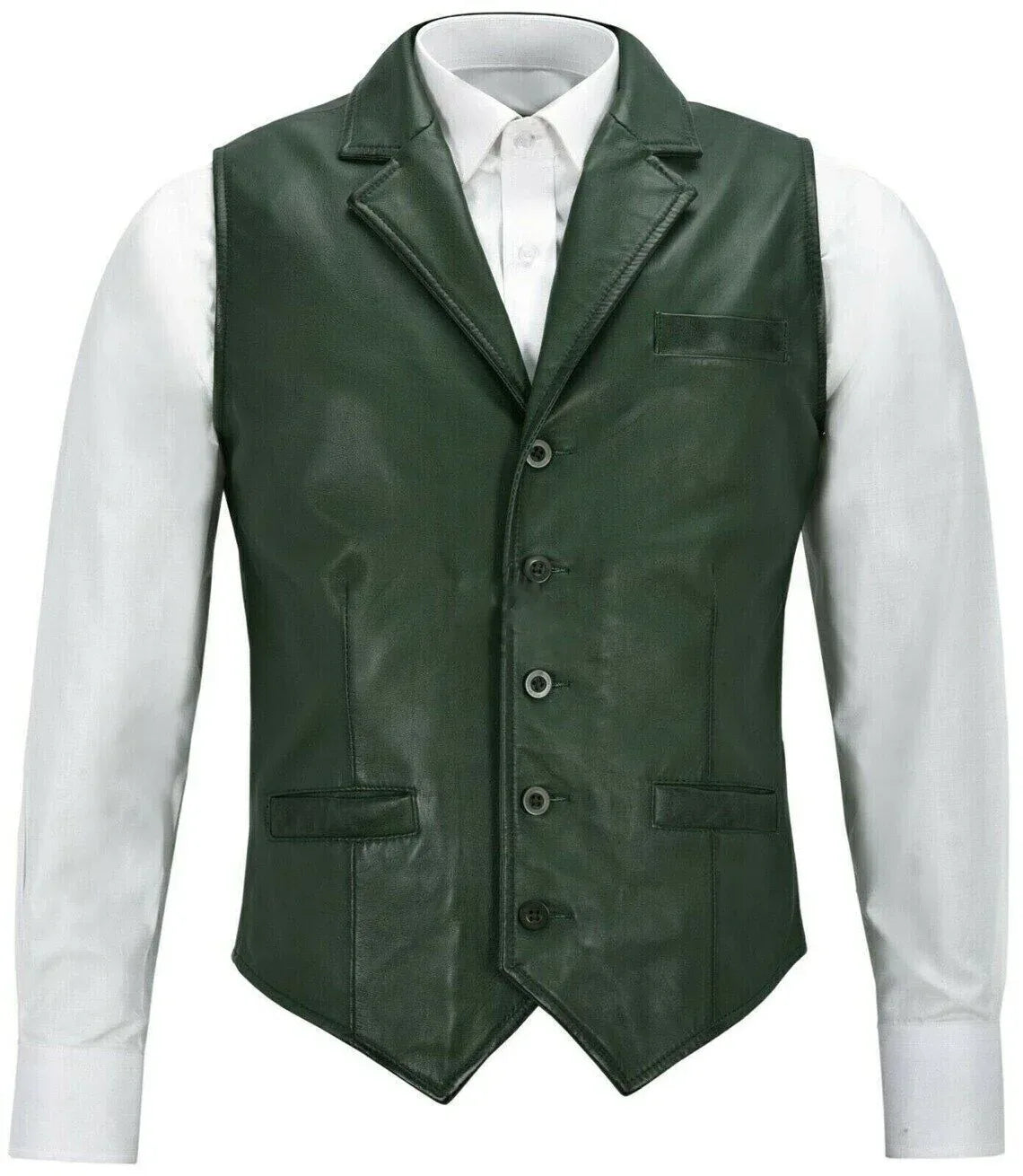 Green Leather Vest Men – Genuine Sheepskin Biker Vest