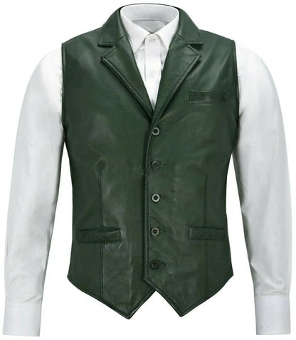 Green Leather Vest Men – Genuine Sheepskin Biker Vest
