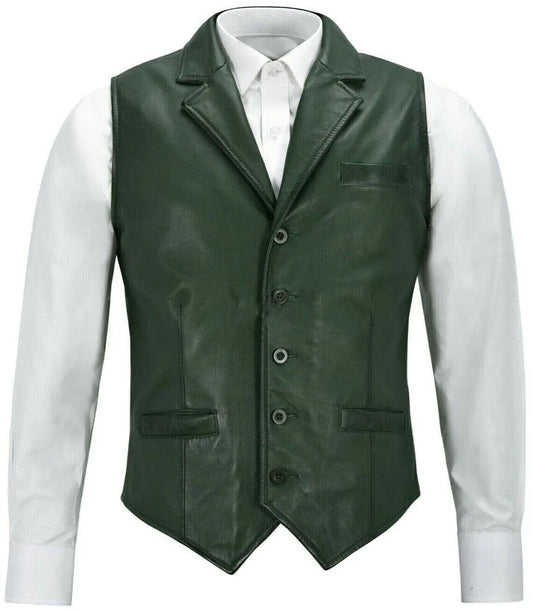 Green Leather Vest Men – Genuine Sheepskin Biker Vest
