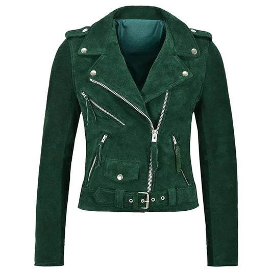 women green suede biker jacket