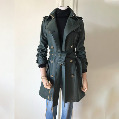 British sheepskin leather trench coat women Green S