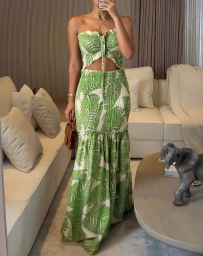 Women Long Summer Dress Printed Strapless Maxi