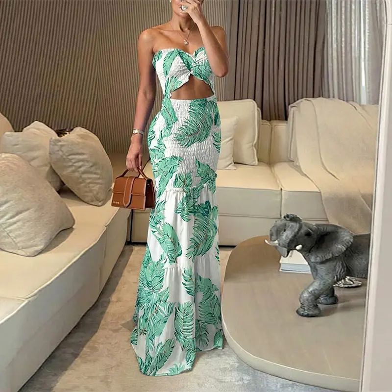Women Long Summer Dress Printed Strapless Maxi