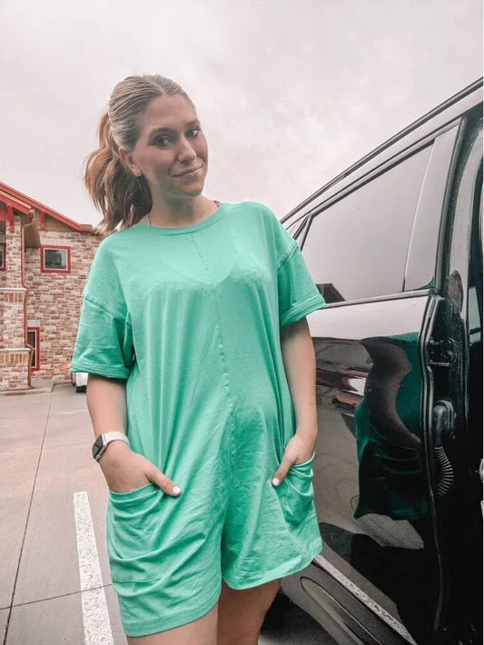 Casual Loose Fit Overall Dress Outfit with Pockets Green XS