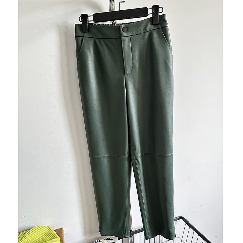 Womens genuine leather high waisted cropped pants Green S