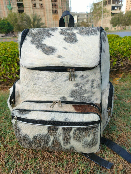 grey white cowhide backpack real hair leather bag