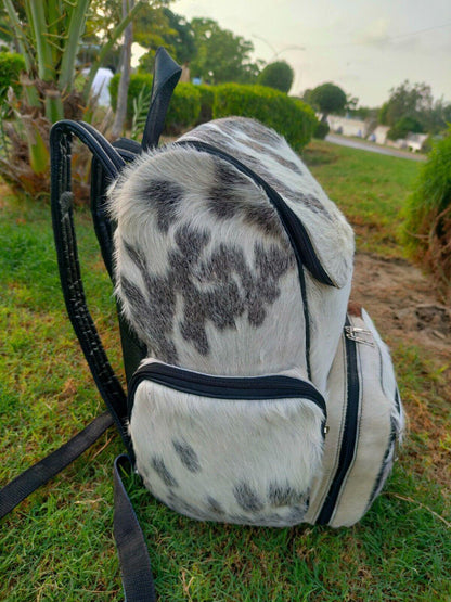 grey white cowhide backpack real hair leather bag