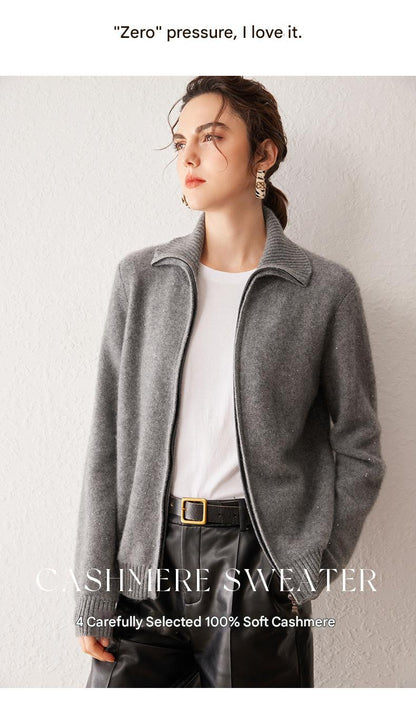 Women’s 100% Pure Cashmere Lapel Zip Cardigan 2 M