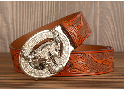 Men’s Leather Cowboy Belt with Bull Head Buckle