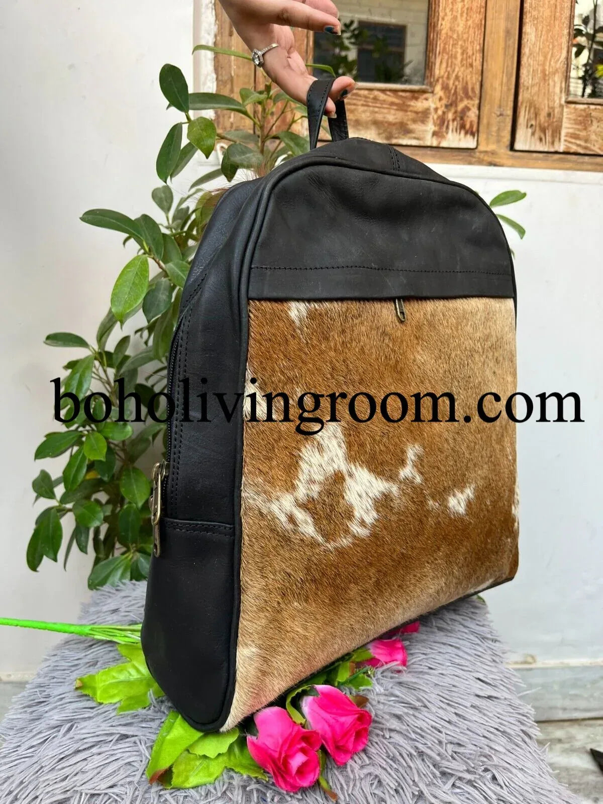 Western Cowhide Leather Backpack Hair On Hide Travel Bag