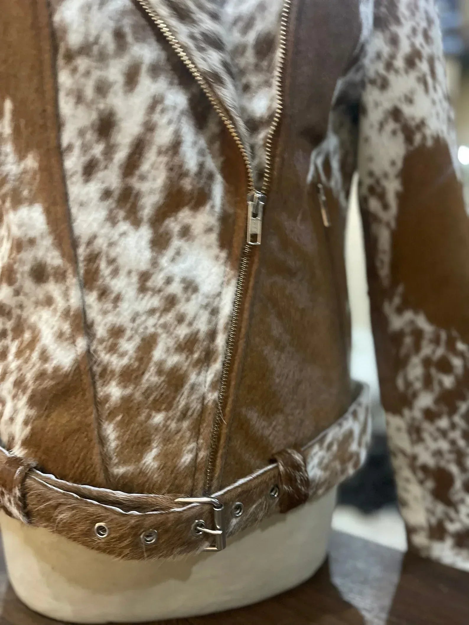 Brown White Cowhide Jacket Womens Hair On Hide Leather Jacket