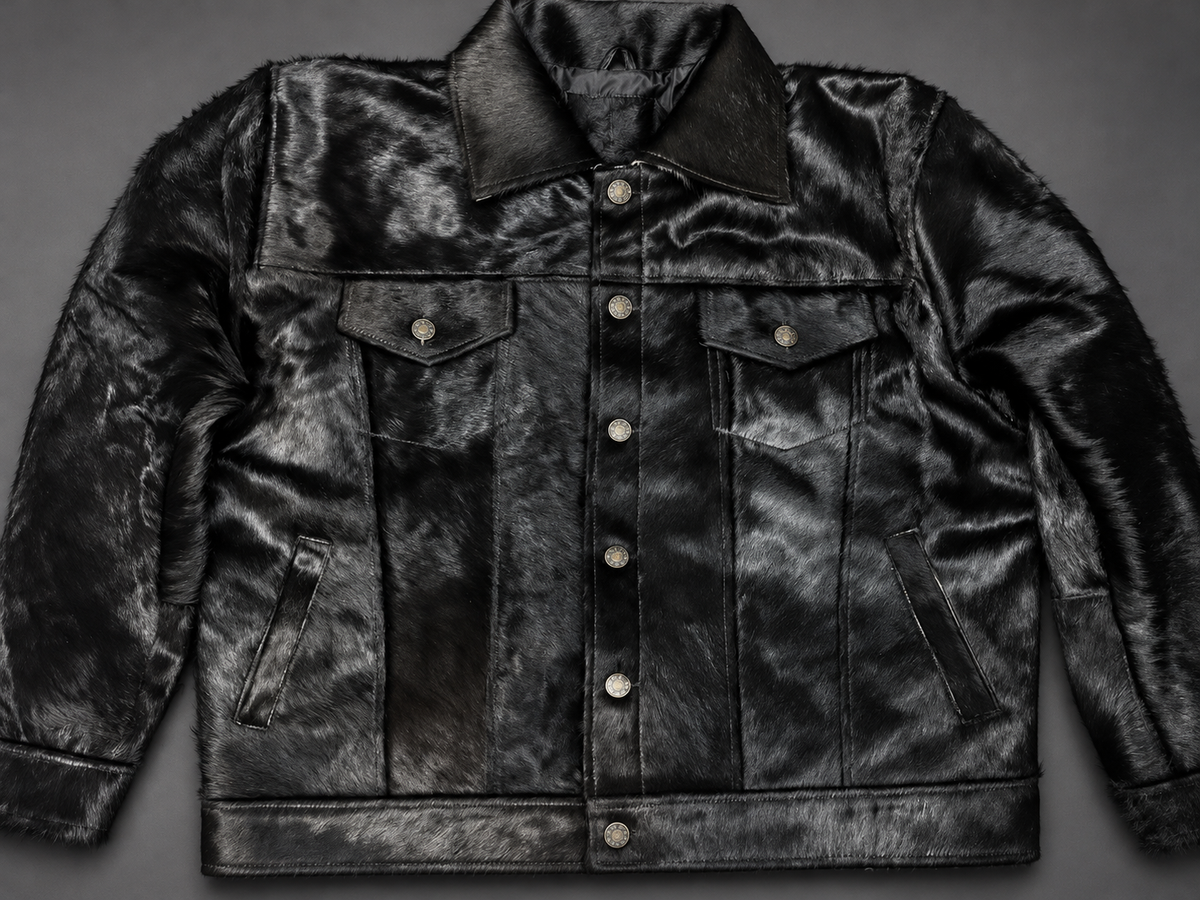 Black Cowhide Jacket in Genuine Hair-On Leather for Men