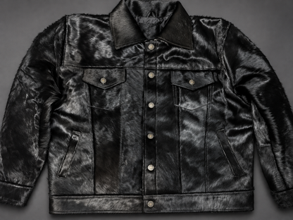 Black Cowhide Jacket in Genuine Hair-On Leather for Men