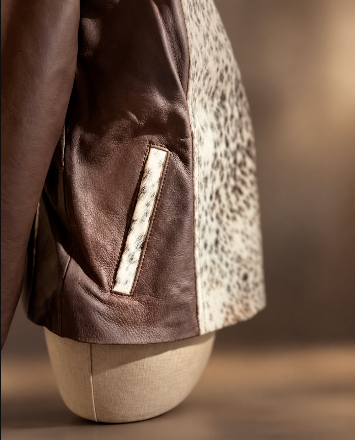 Cowhide Coat for Women in Brown Leather and White Hair-on Hide