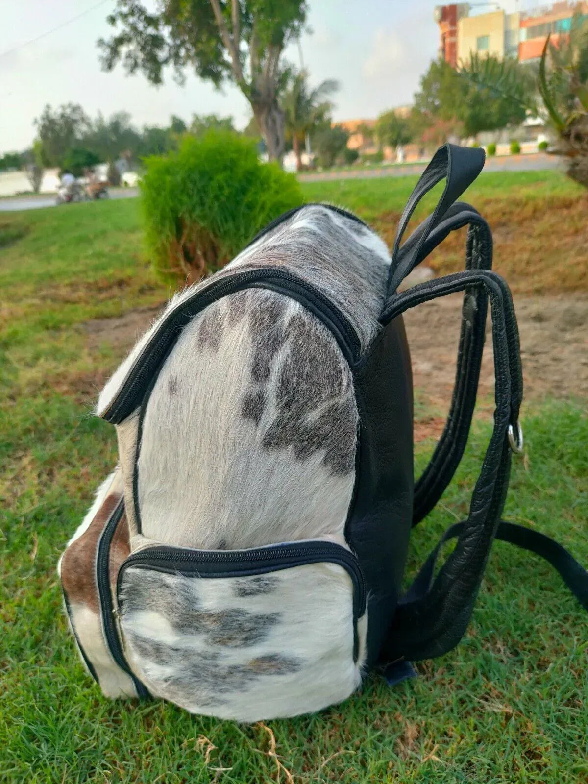 grey white cowhide backpack real hair leather bag